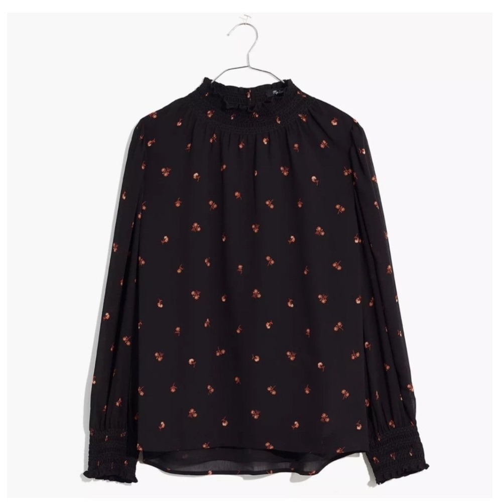 Madewell Smocked Mock Neck Blouse Black Floral Sprig Sheer Chiffon Top XL